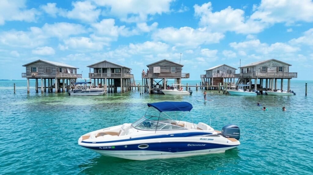 Glory Daze 30' anchored at the Stiltsville houses in Biscayne Bay