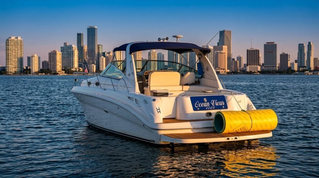 45' Sea Ray Sundancer with a water mat at sunset off downtown Miami