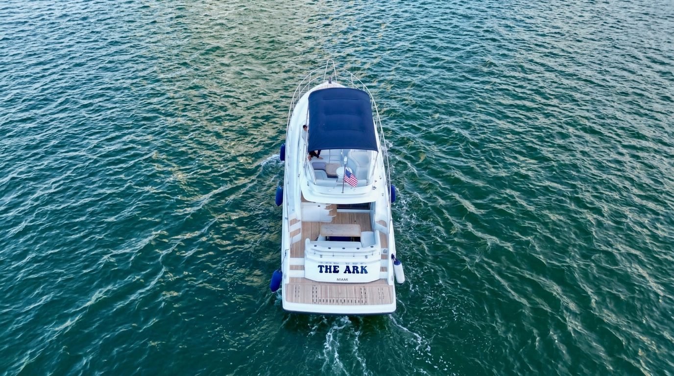 Aerial view of The Ark, Beneteau 55' Flybridge, on Biscayne Bay