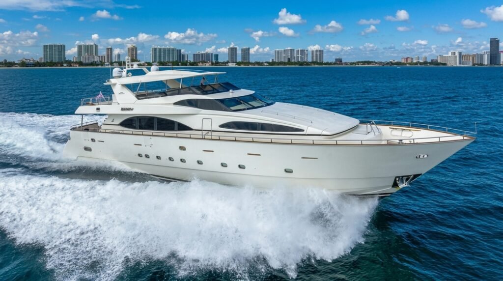 Azimut 105' Bearpaw yacht cruising at speed off Miami Beach