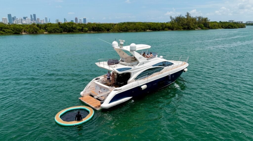 Azimut 55' Azure with a water float on Biscayne Bay