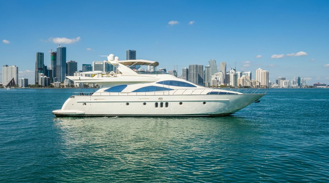 Azimut 90' Delmar yacht in front of the downtown Miami skyline