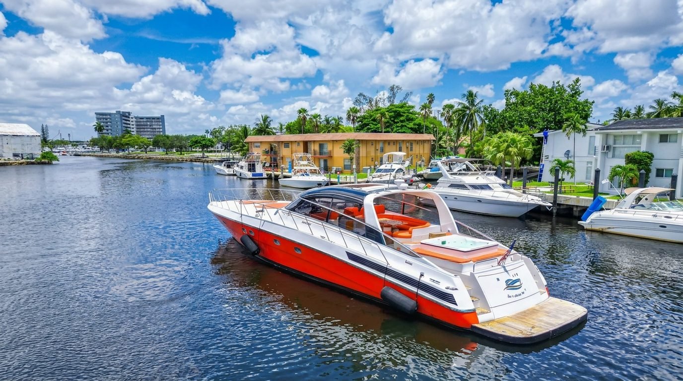 Baia 85' Panther with red hull docked on a Miami waterway