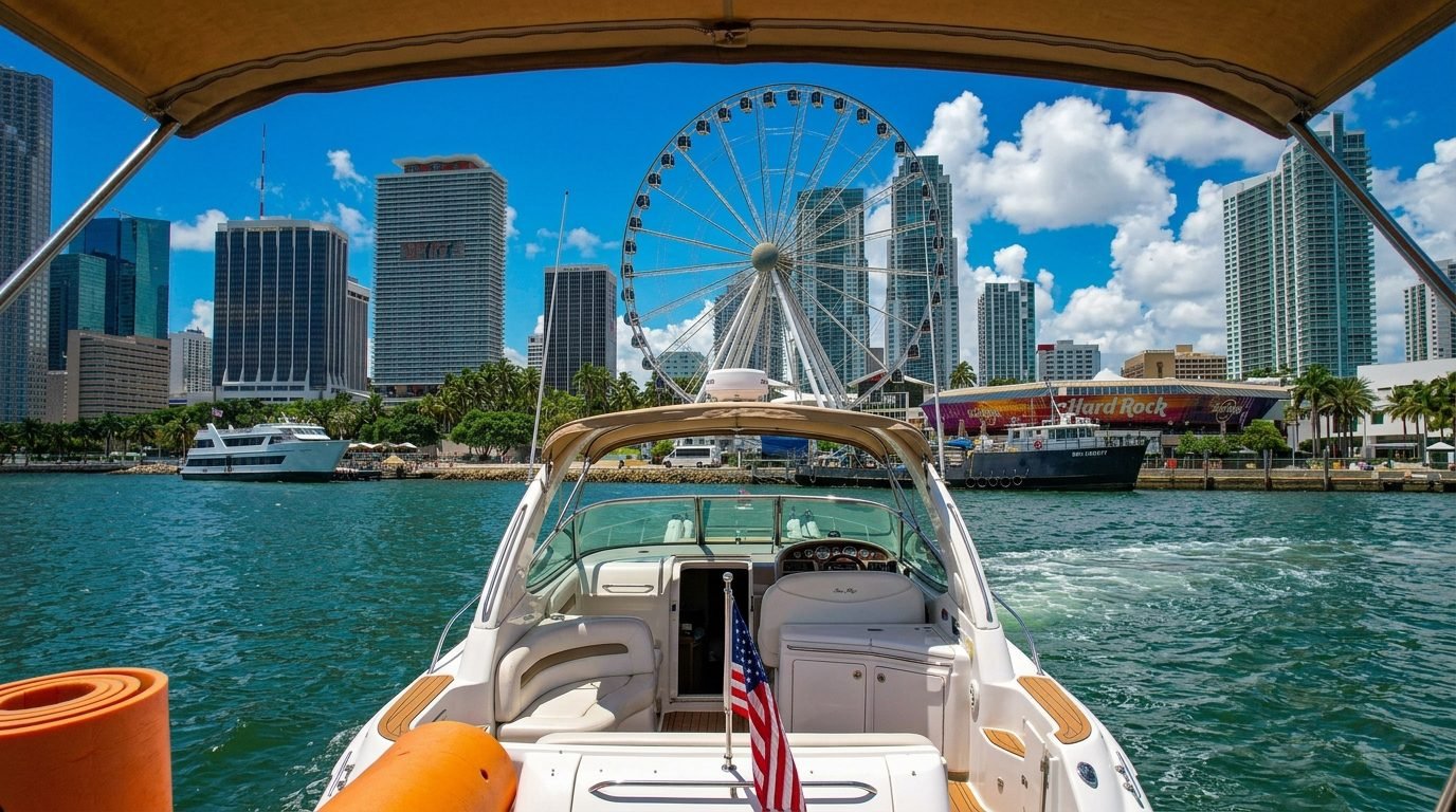 Cockpit of Harmony 45' Sea Ray Sundancer facing the Bayside Ferris wheel