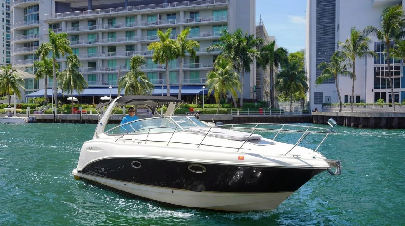 Cruiser yacht passing a Miami waterfront hotel