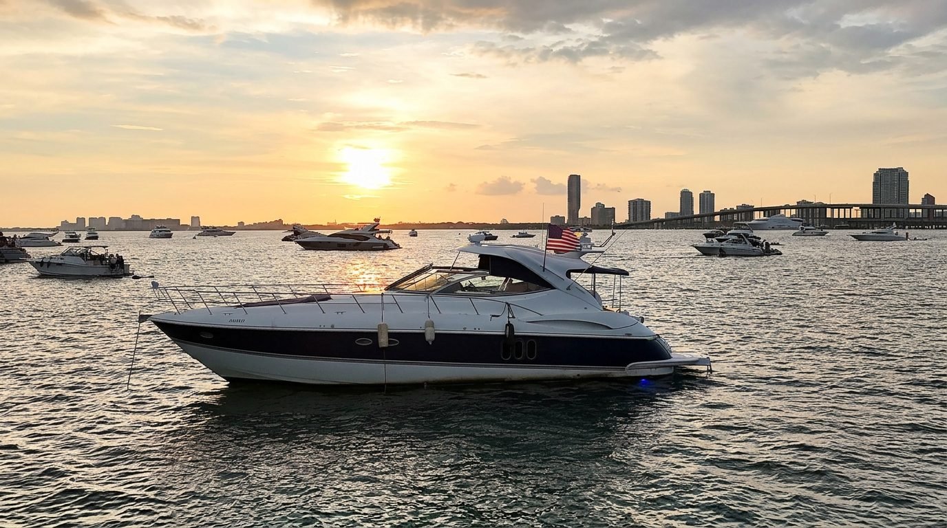 Cruiser Yachts 55' Addicted anchored at sunset off the Miami skyline