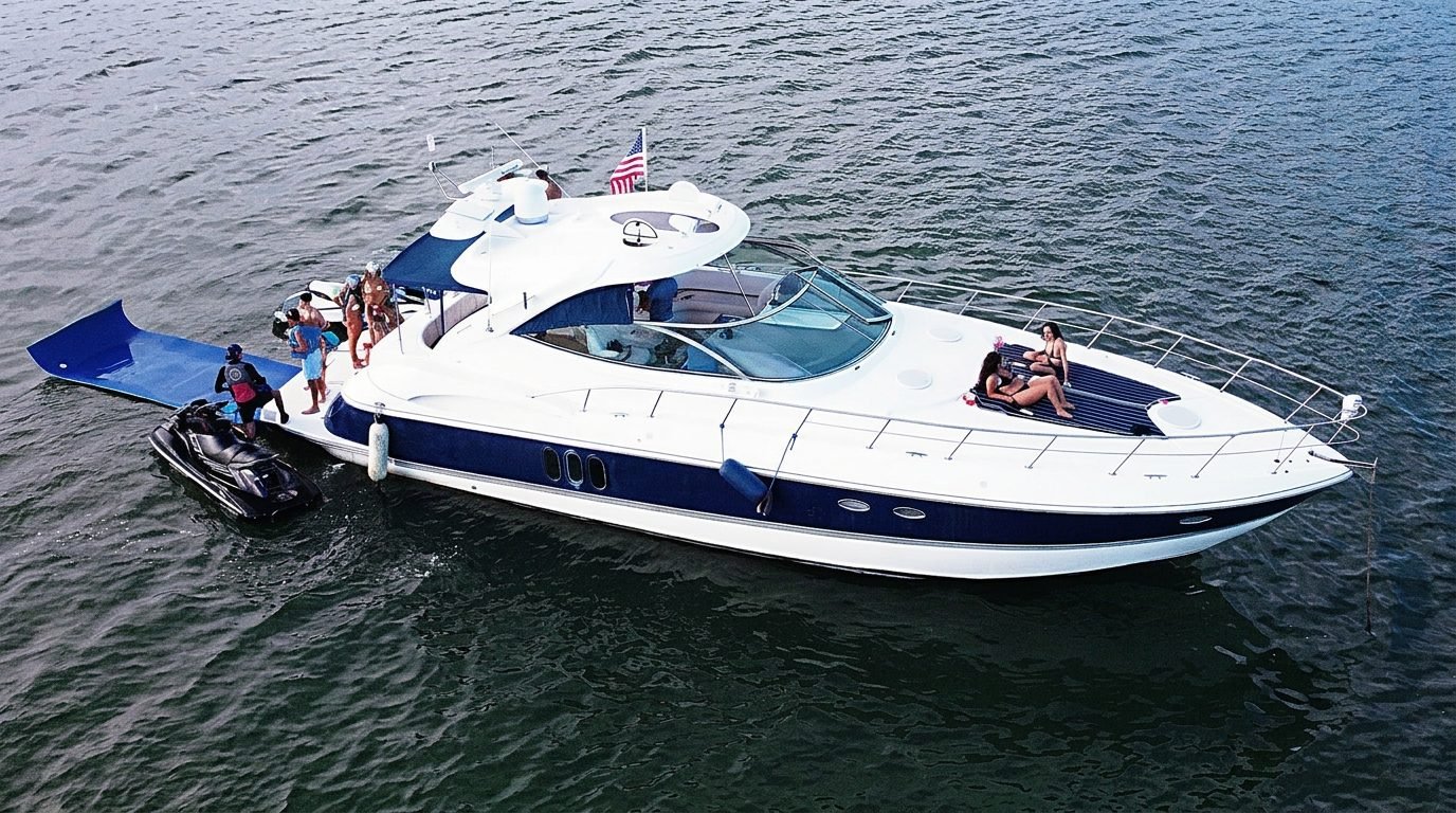 Cruiser Yachts 55' Addicted with guests and a jet ski on Biscayne Bay