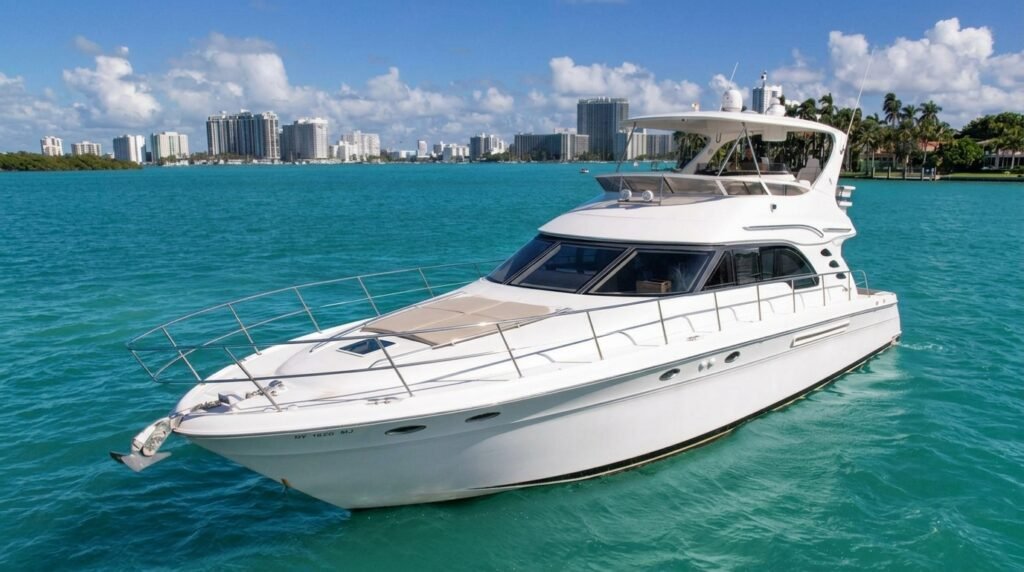 Distraction II 65' Sea Ray Flybridge off the Miami Beach skyline