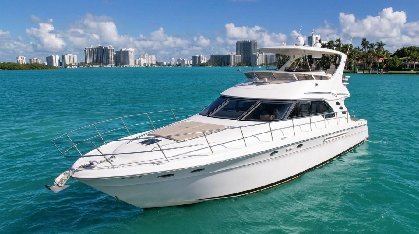 Distraction II 65' Sea Ray Flybridge off the Miami Beach skyline