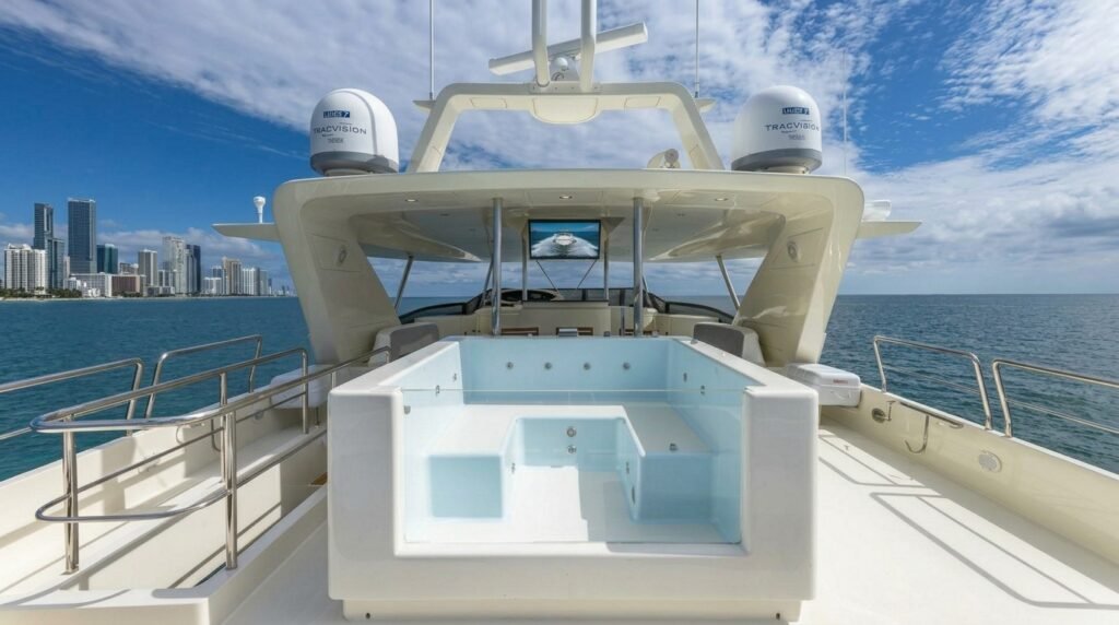 Flybridge jacuzzi of the Azimut 105' Bearpaw with Miami Beach views