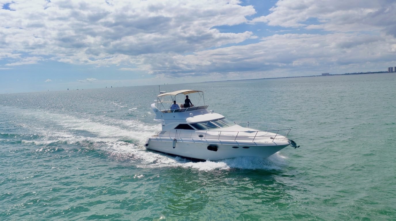 Flybridge yacht cruising Biscayne Bay