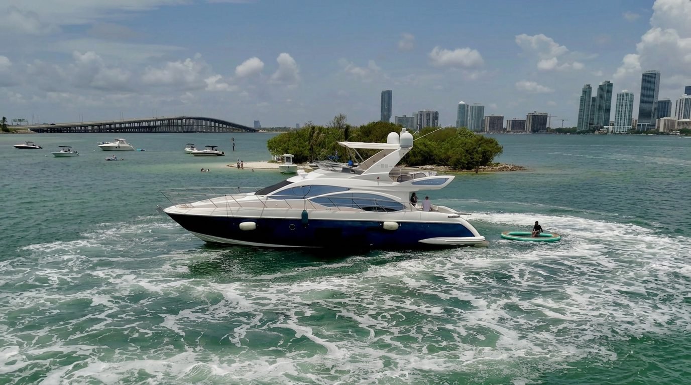 Flybridge yacht cruising past an island with the Miami skyline