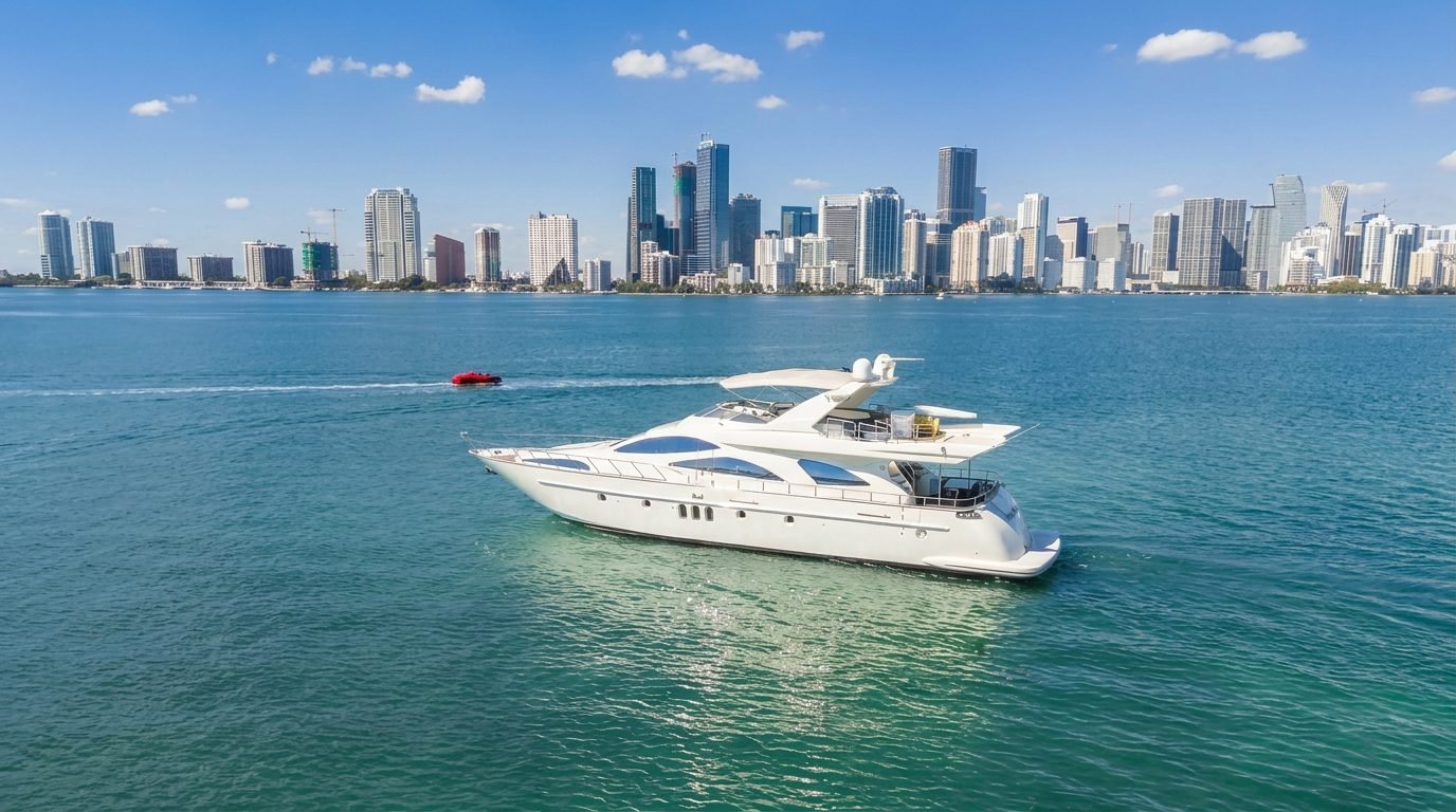 Flybridge yacht on Biscayne Bay with the downtown Miami skyline