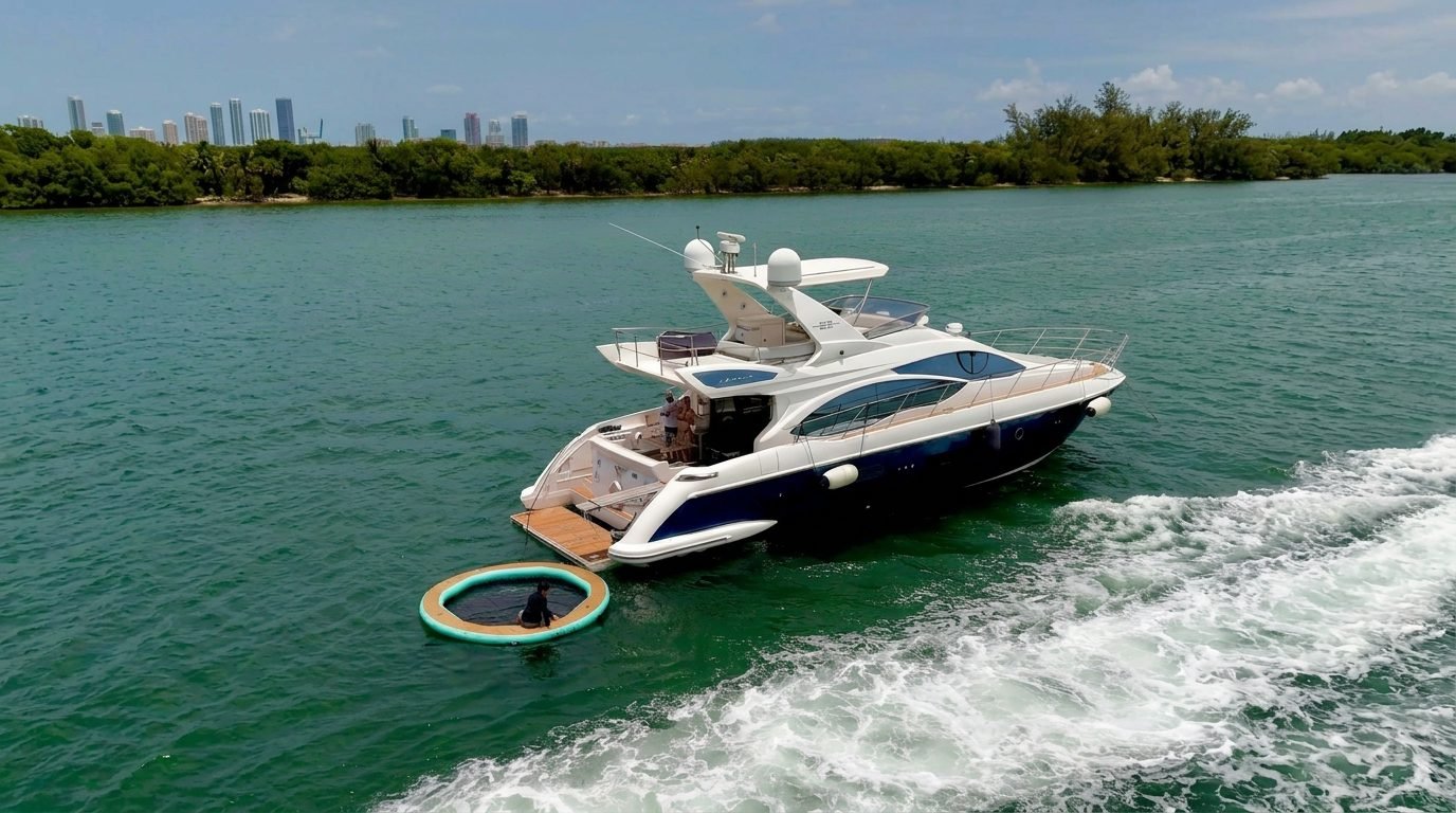 Flybridge yacht towing a float across Biscayne Bay