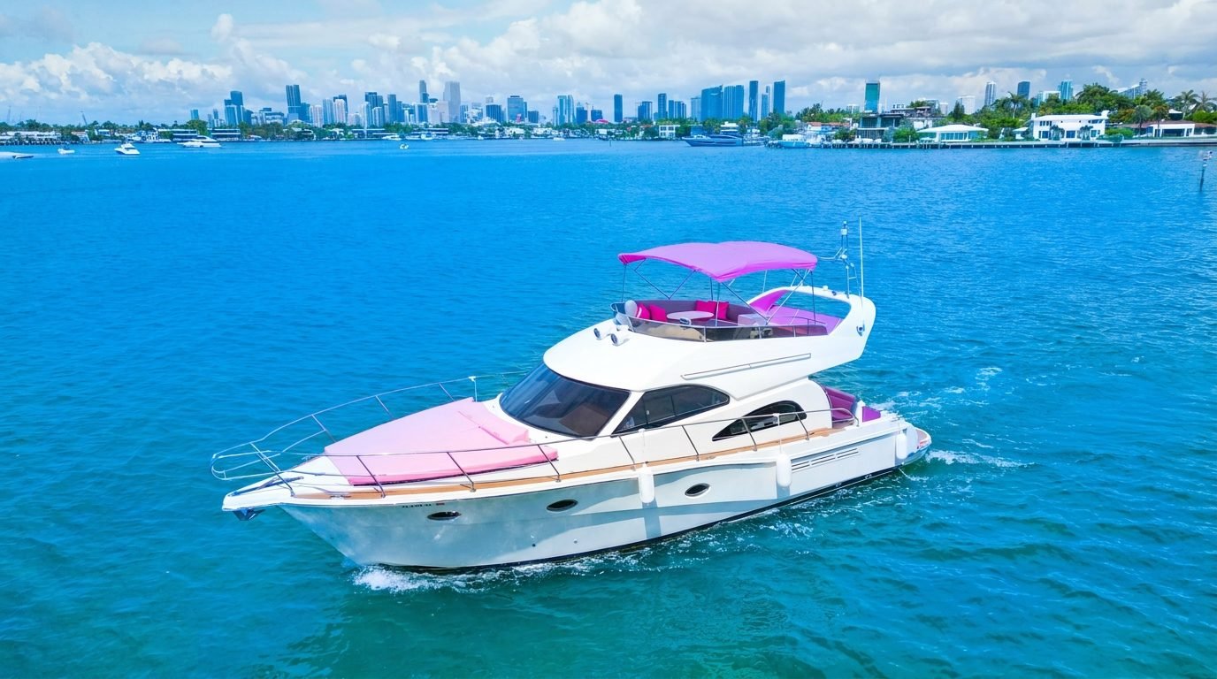 Flybridge yacht with pink bimini cruising Biscayne Bay