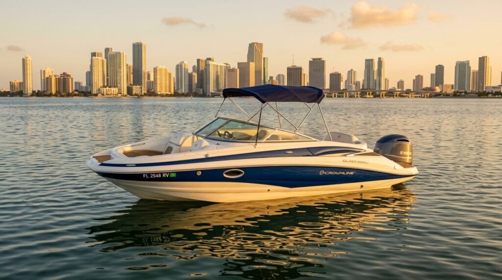 Glory Daze 30' at sunset in front of the downtown Miami skyline