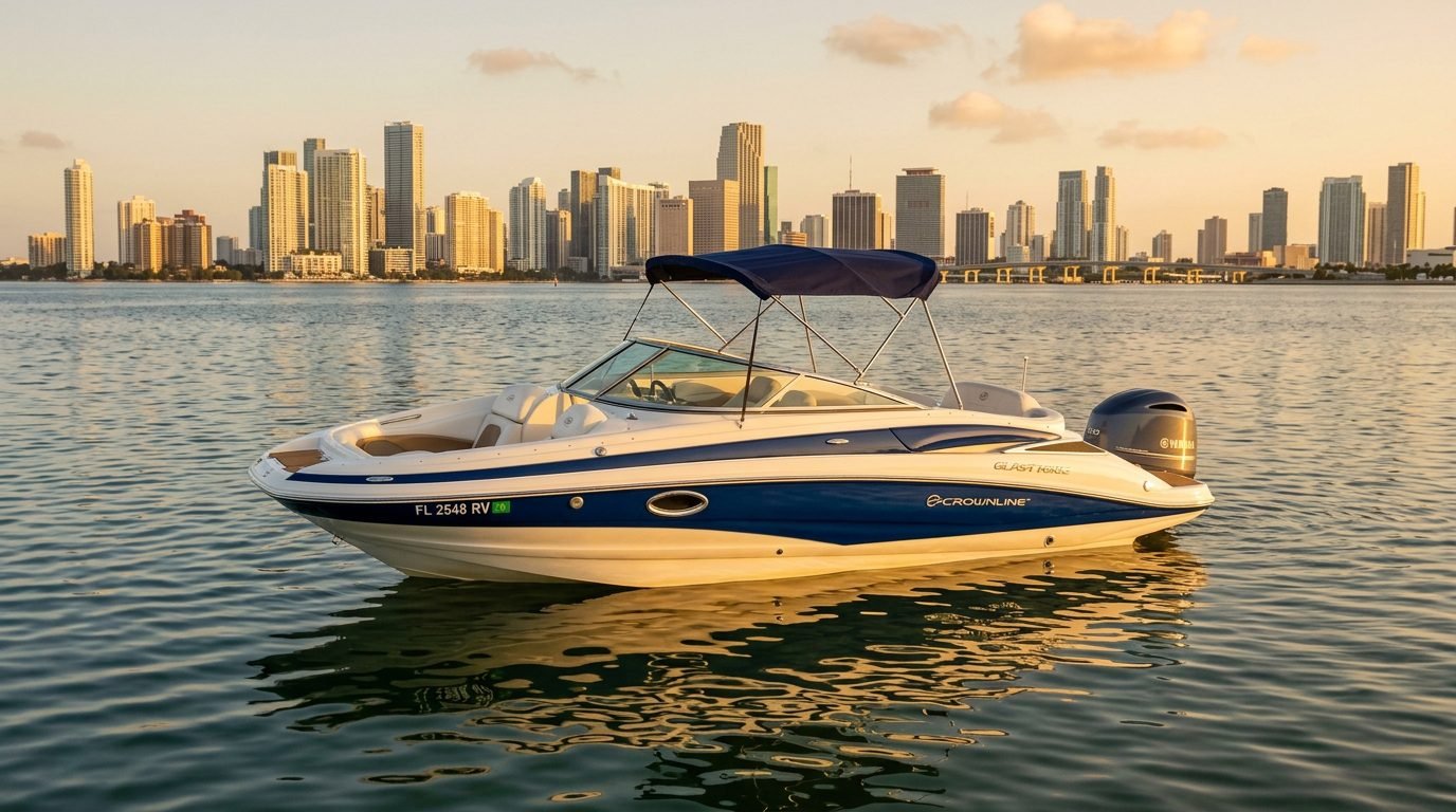 Glory Daze 30' at sunset in front of the downtown Miami skyline