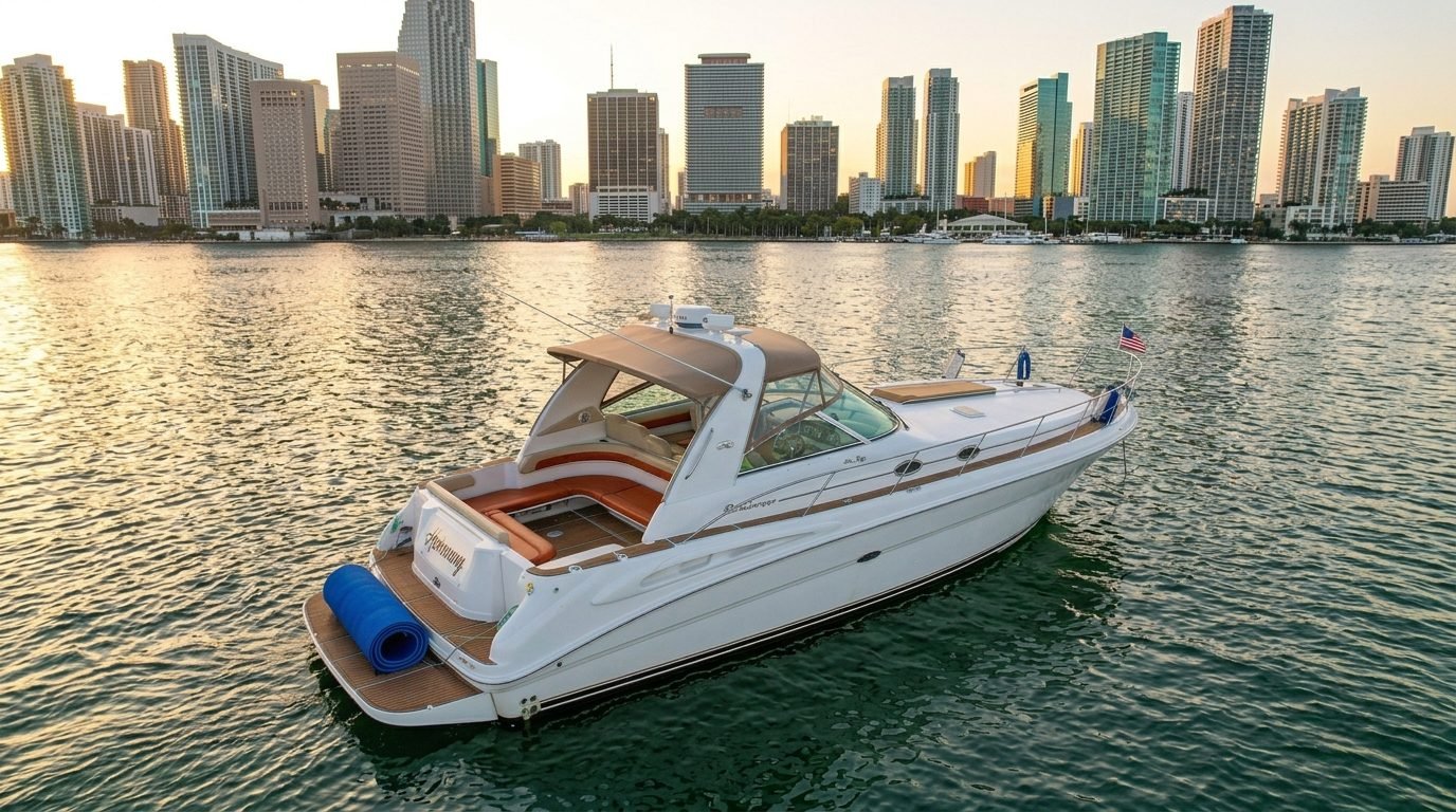 Harmony 45' Sea Ray Sundancer in front of the Miami skyline