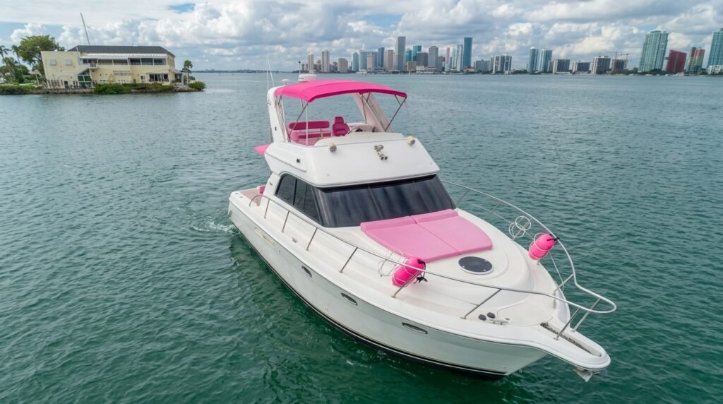 Lady G 42' with pink bimini anchored in Biscayne Bay