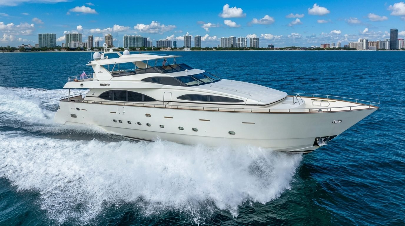 Large motor yacht cruising at speed near Miami Beach