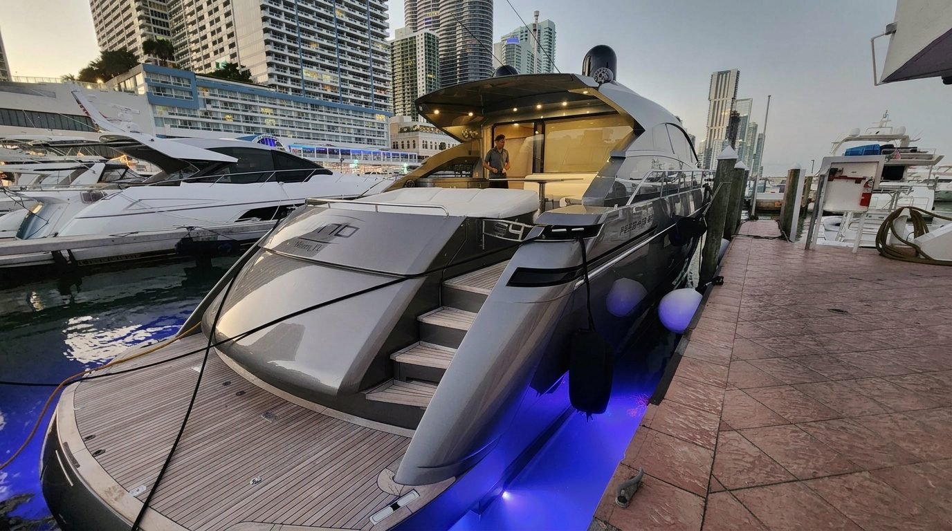 Pershing 64' Wind docked with underwater lights at a Miami marina