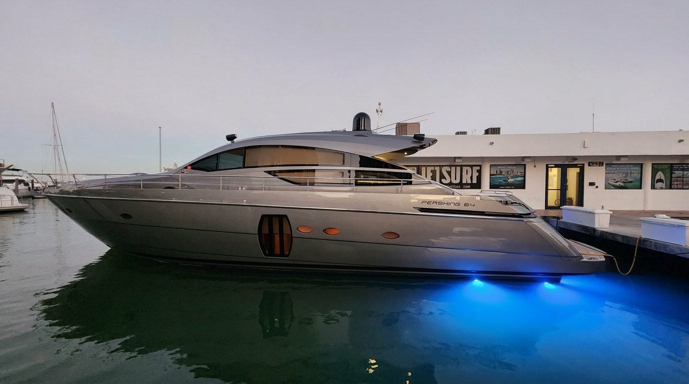 Pershing 64' Wind sport yacht docked at dusk