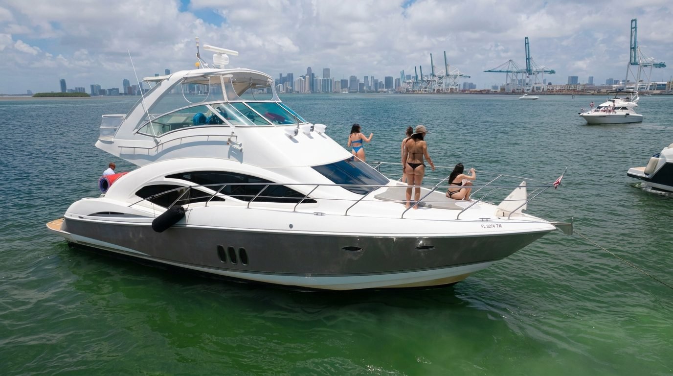 Remedy 50' Cruiser Sport Flybridge with guests swimming in Biscayne Bay