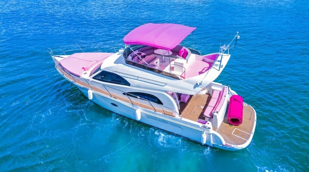 Rodman Flybridge 50' with pink canopy on turquoise water