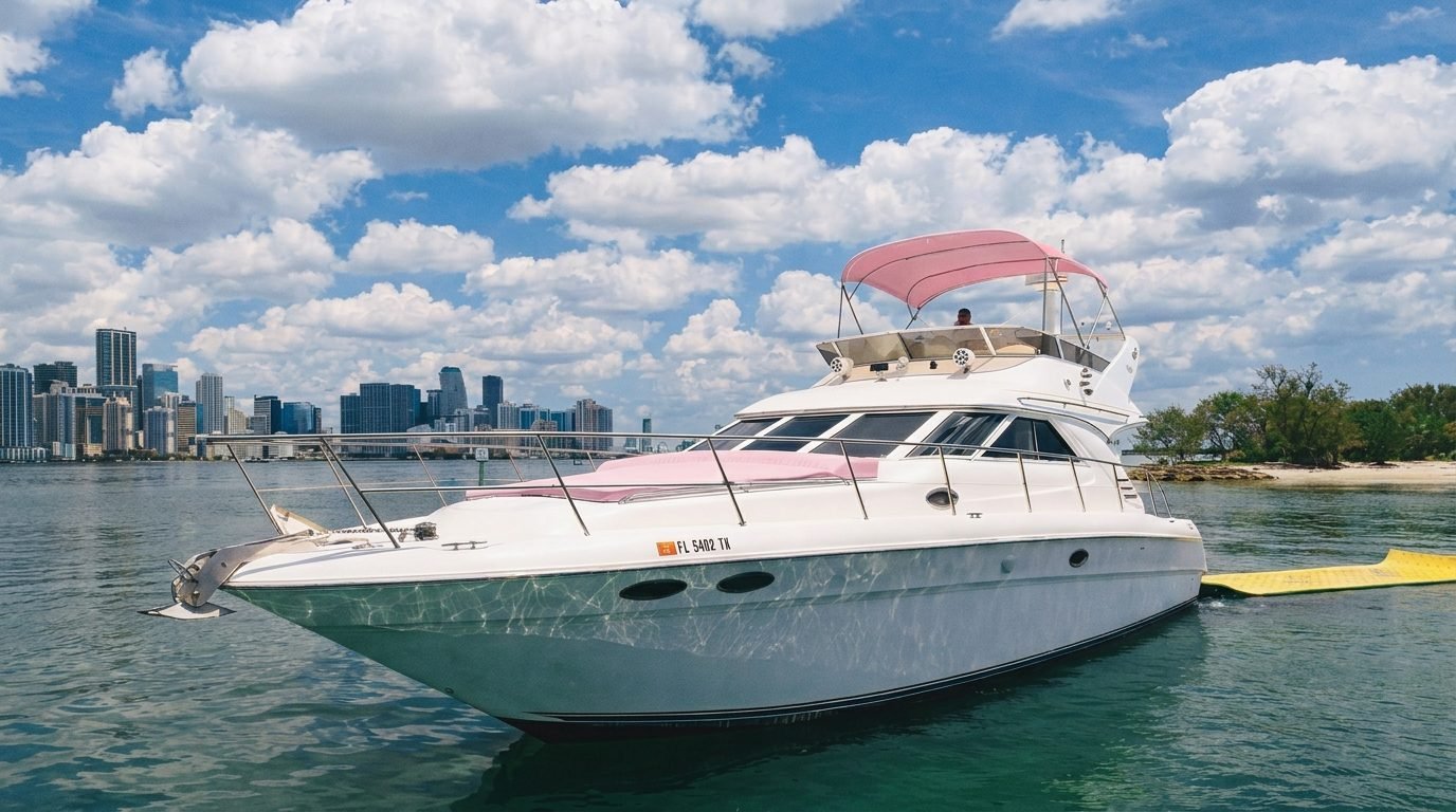 Sea Ray Flybridge 50 off the Miami skyline