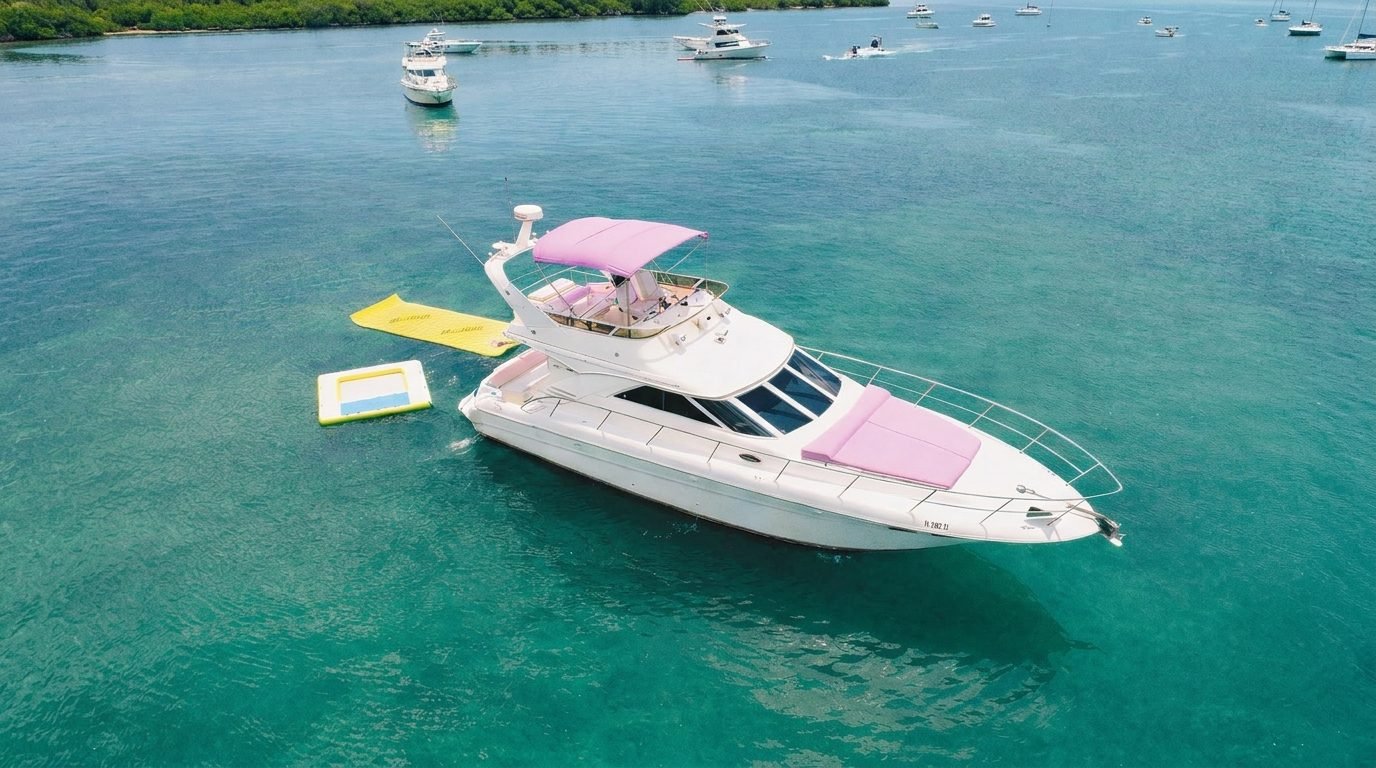 Sea Ray Flybridge 50 with pink bimini and water float on Biscayne Bay