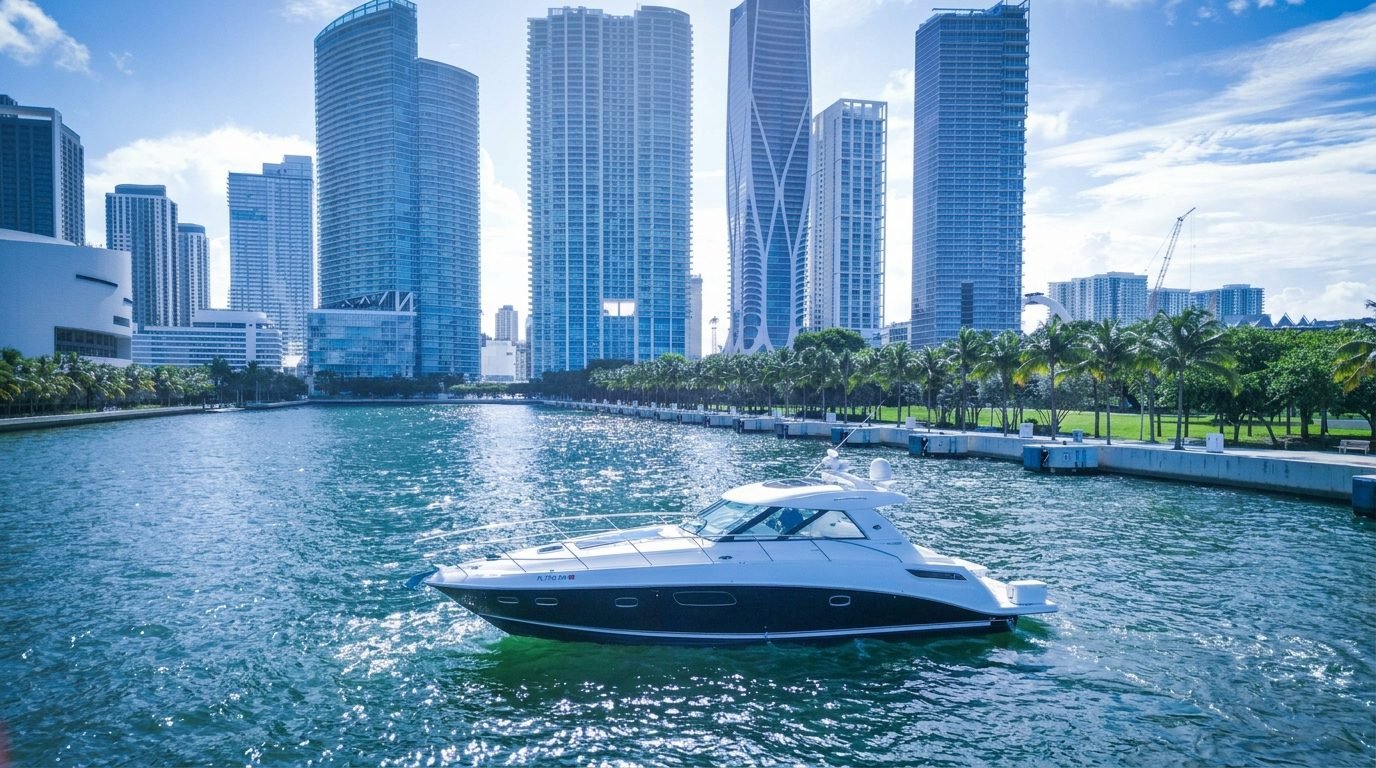 Sea Ray Sundancer 50' cruising past downtown Miami towers