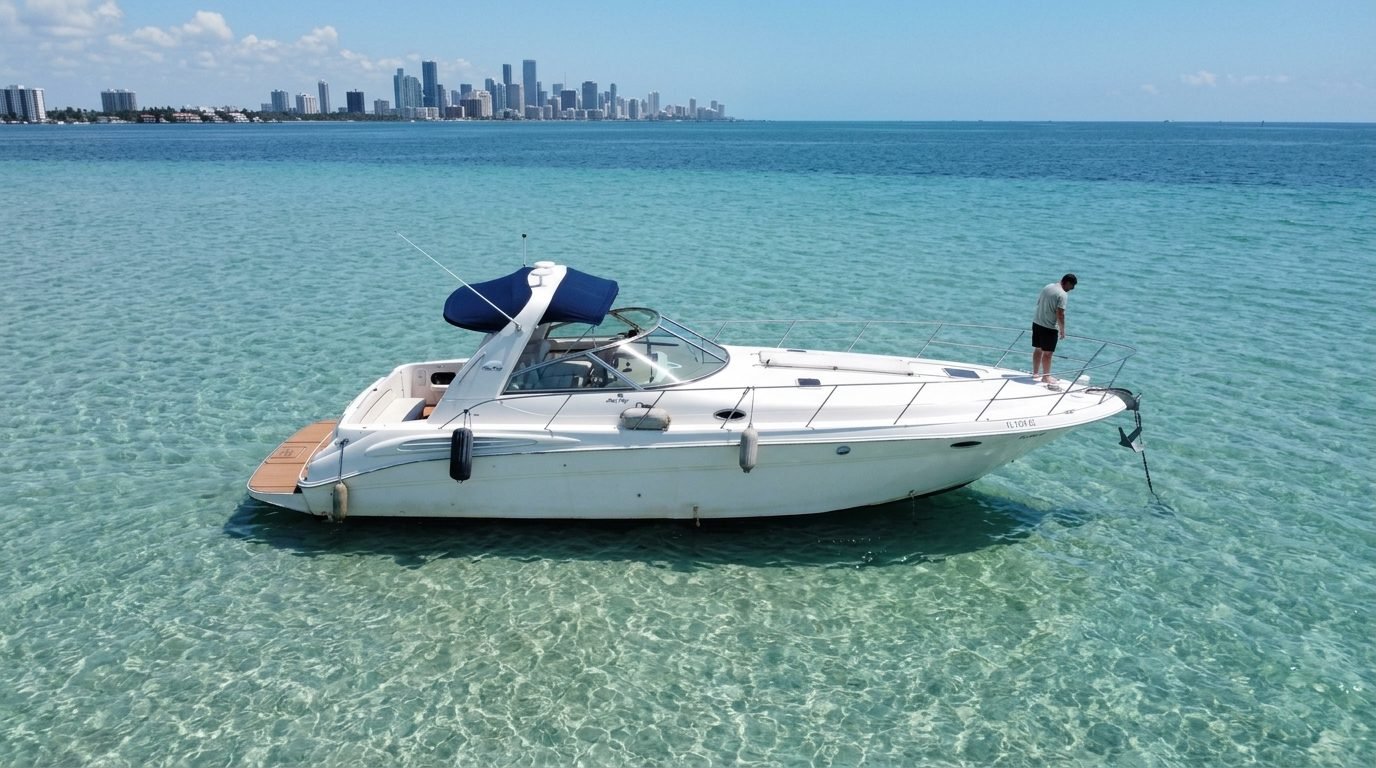 Sport yacht anchored on clear water off the Miami skyline