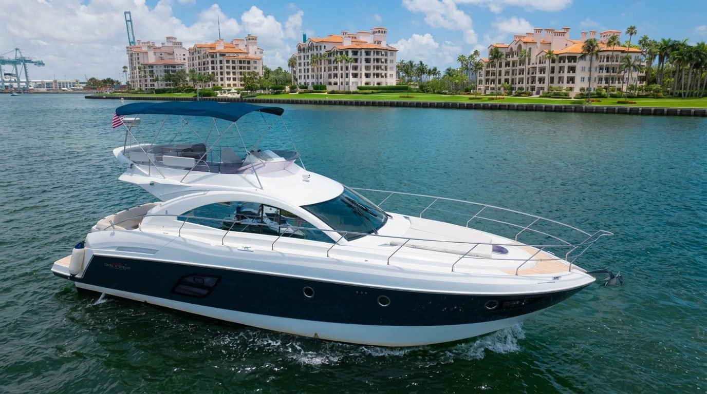 Sport yacht cruising past Fisher Island