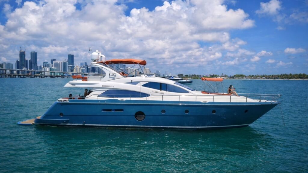 75' Aicon yacht cruising Biscayne Bay with the Miami skyline