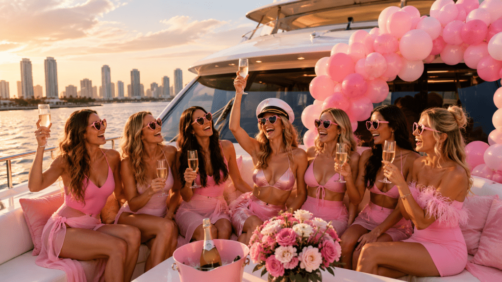 Bachelorette party in pink with balloons on a yacht in Miami