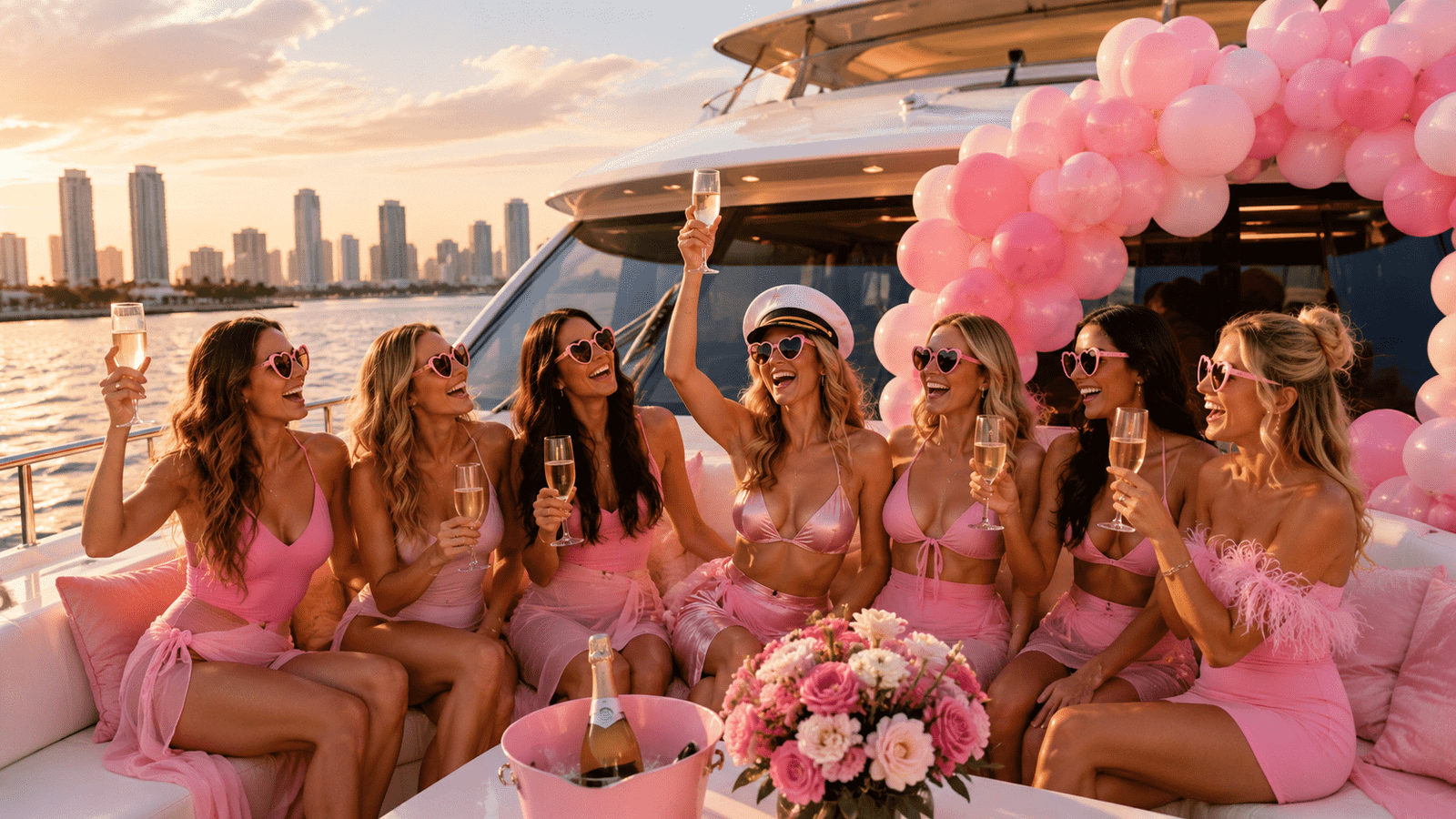 Bachelorette party in pink with balloons on a yacht in Miami